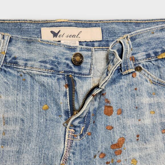 Vintage Y2K Wet Seal Denim Mini Skirt Distressed Paint Splatter Large Low Rise - Picture 5 of 9